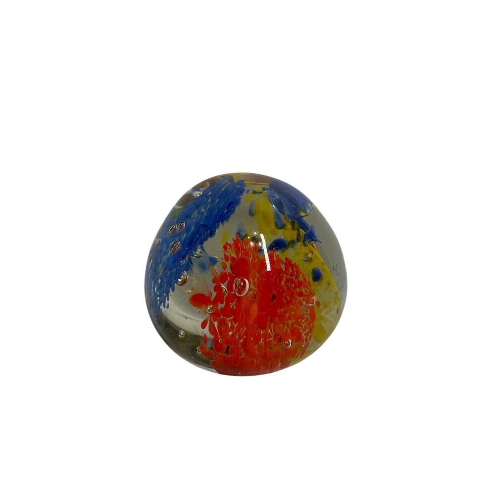Art Glass Paperweight Multicolor Abstract Bubble Design Hand Blown Clear Heavy